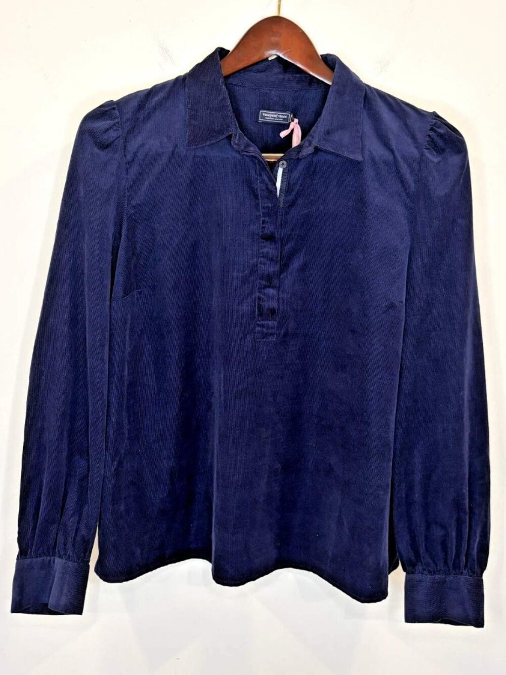 NWT Vineyard Vines Women’s Navy Blue Corduroy Popover Blouse Sz L Puff Sleeve